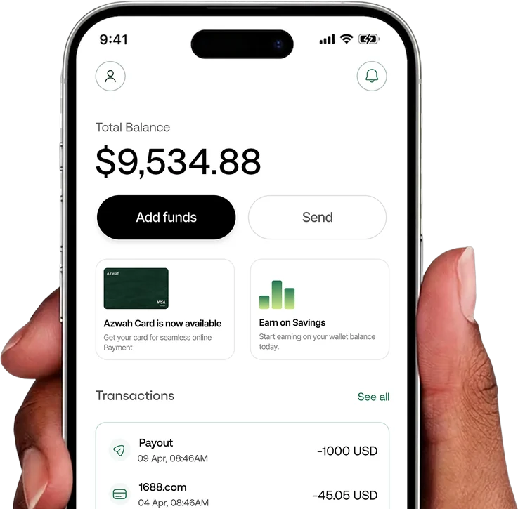 The Azwah app home screen with a total balance and recent transactions